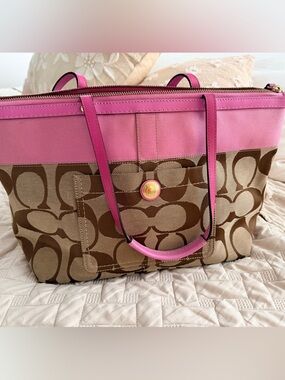 Coach Brown Signature Canvas Tote with Pink Trim